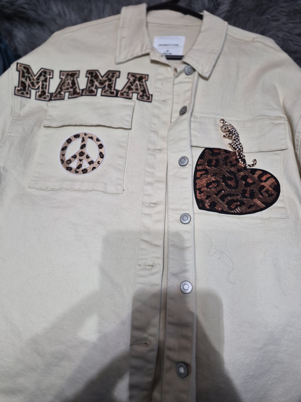 Women's Beige Patchwork Button-Up Shacket with Leopard Accents